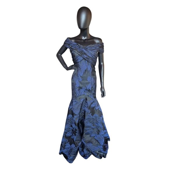 Madeline Gardner Dresses & Skirts - Black/Navy Jacquard Off Shoulder Fit/Flare Formal Gown - Madeline Gardner